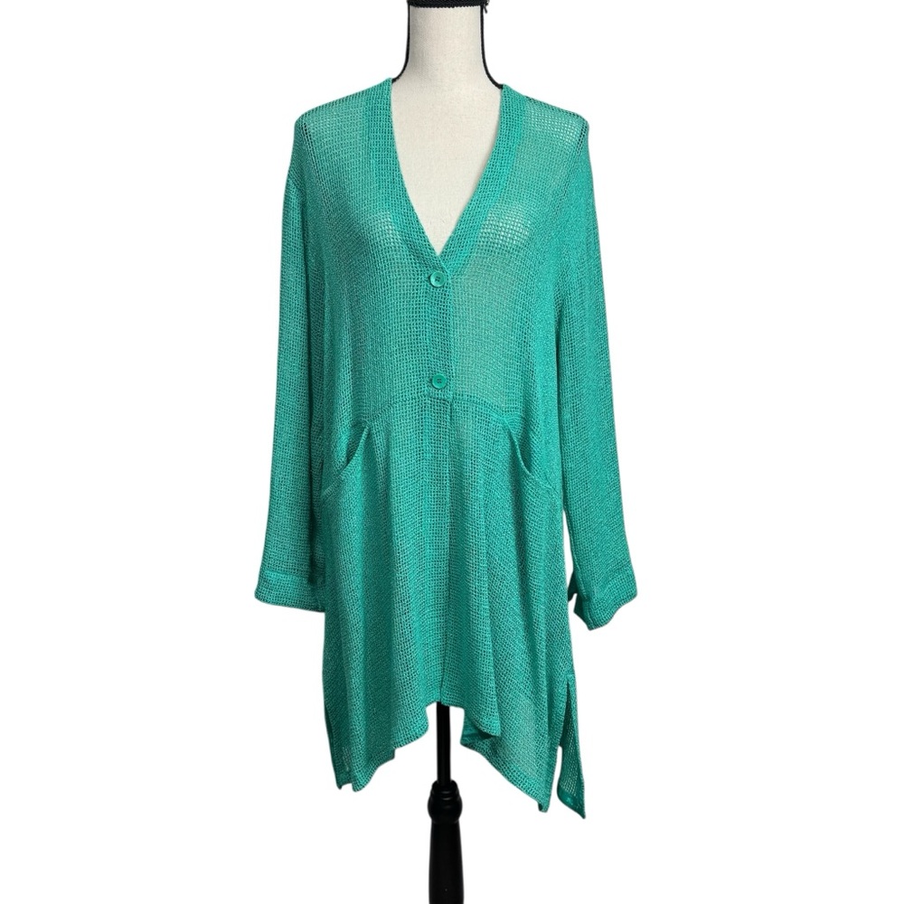 Masai Size‎ Cover Up Cardigan Mesh Open Weave Knit 2-Buttons Pockets